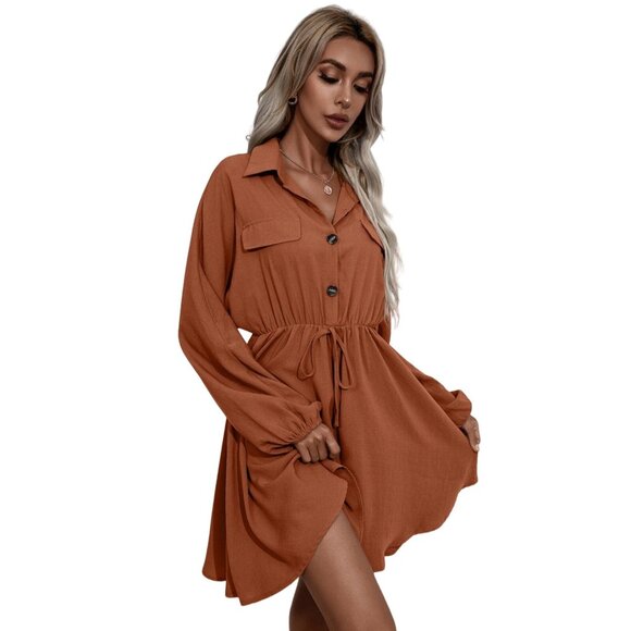 Large Oversized Collared Button Front Long Sleeve Mini Shirt Dress Burnt Orange - Picture 8 of 9